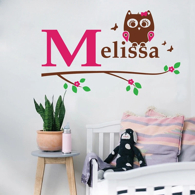 

Free shipping personalized name owl wall decal , Girl owl with initial and name on a branch vinyl wall decal stickers,c2004