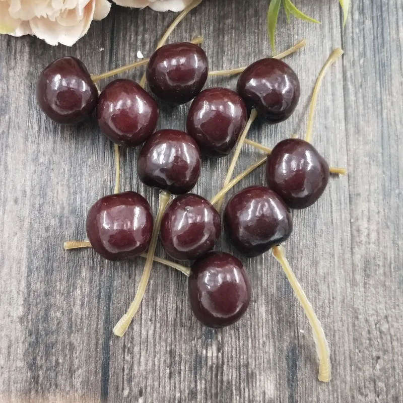 10 шт., имитация овощей и фруктов, ложные вишни, реквизит для обучения, украшения для столовой, пластиковые продукты для еды - Цвет: Dark red cherry