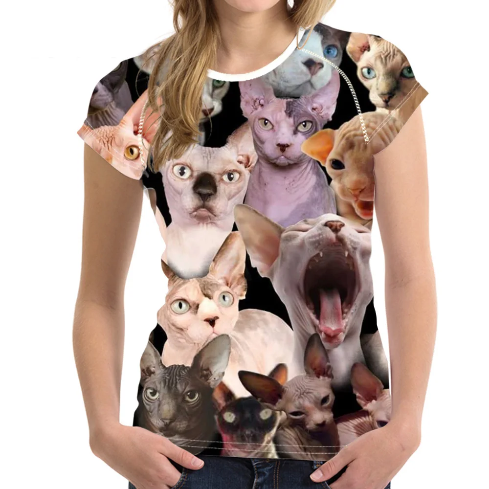 NoisyDesigns канадский голая кошка Сфинкс принт футболка Для женщин летние топы с короткими рукавами женщин Kawaii Котенка футболка для девочек