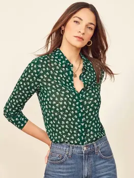

European and American style 2019 summer new slim slimming fashion wild lapel long sleeve green print shirt