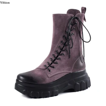 

Olomm New Women Martin Ankle Boots Muffin bottom High Heels Boots Charm Round Toe Black Brown Casual Shoes Women US Size 4-10