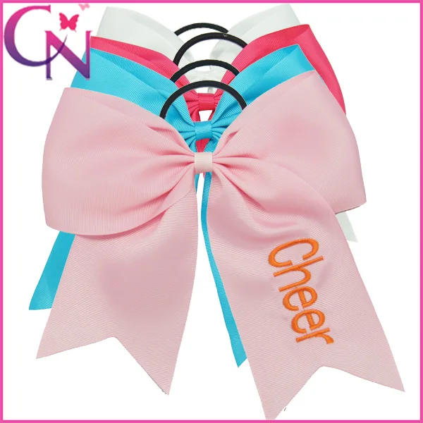 

32 Pcs/lot 7" Girls Solid Embroidery Cheer Bow Children Grosgrain Ribbon Cheerleading Bows Kids Cheer Hair Bow With Elastic