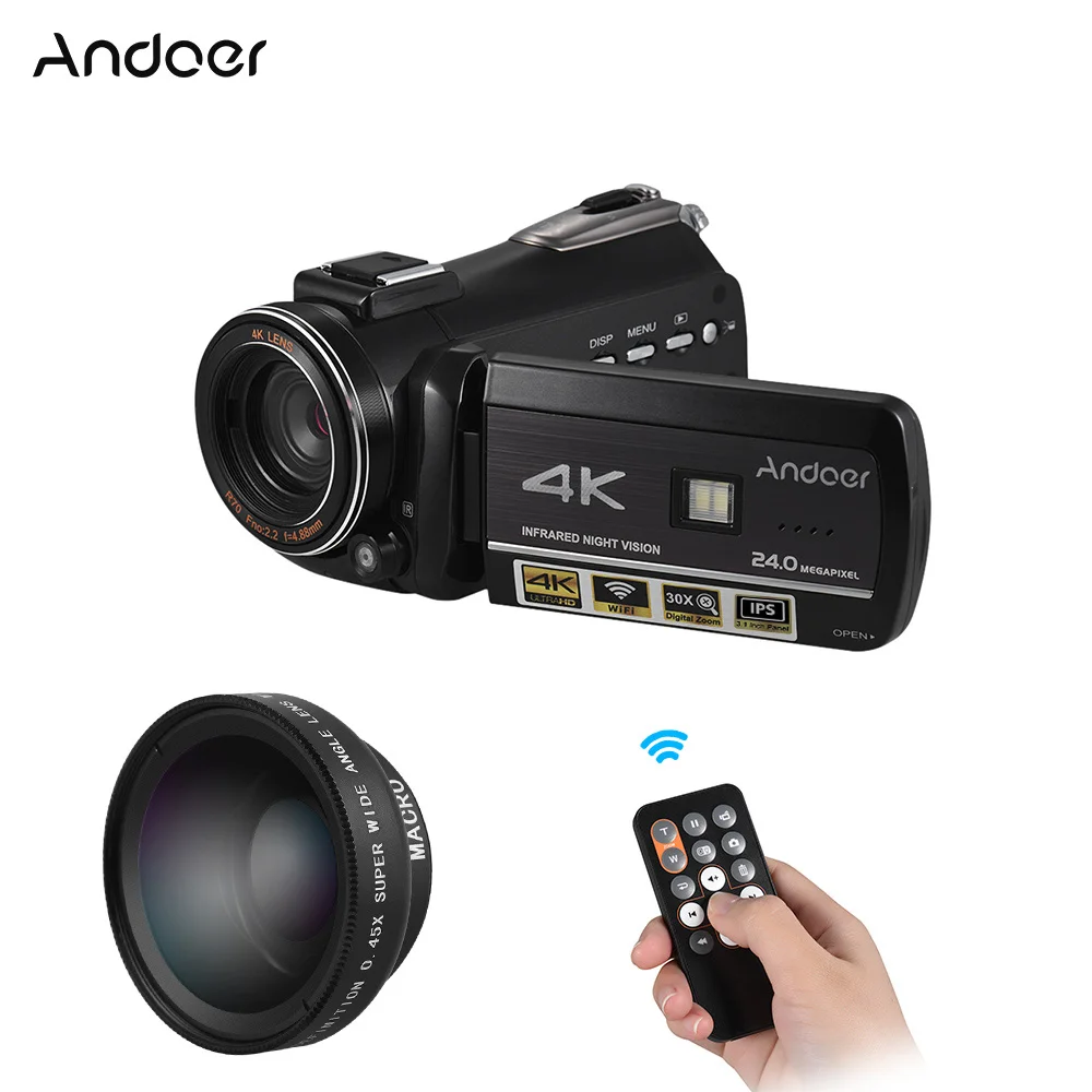 Цифровая видеокамера Andoer AC3 4k UHD 24 МП с широкоугольным объективом 0 45x/внешним
