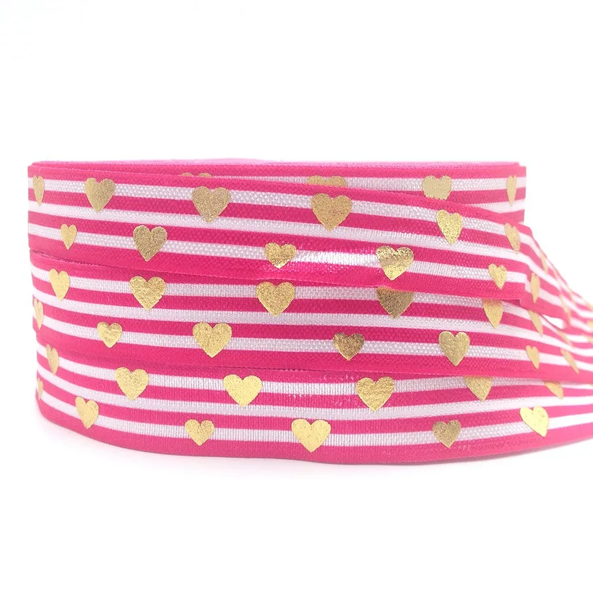 

5Yards 16mm Heart stripe Print FOE Fold over elastic For DIY hair ties baby headbands sewing accessories Hair bands