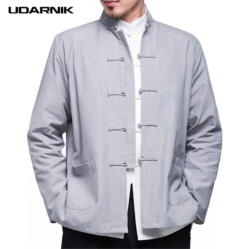 

Traditional Chinese Style Men Tang Coat 8 Colors Solid Mandarin Collar Long Sleeve Casual Undershirt Kung Fu Jacket 201-930