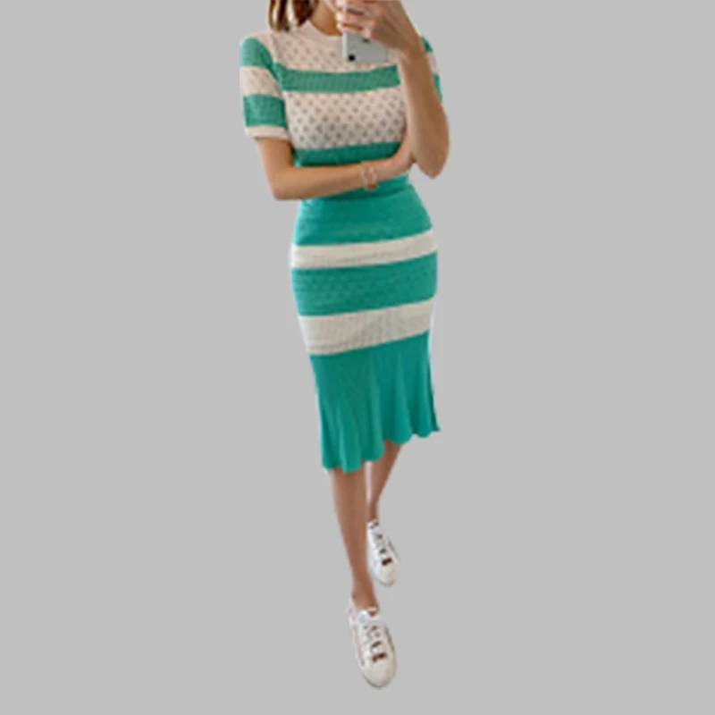

New Fashion Summer Women 2pcs Skirt Suits Ruffle striped Hollow Knitting Blouses Tops +Mermaid SKirt Sets Women Two Piece Set