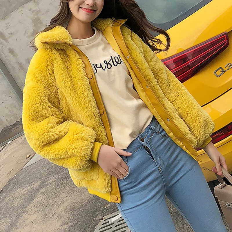 Coat Vestes Poche Rose Pink Hiver Style Manteaux Manteau yellow Fausse Lamb Coat Rue Femmes Survêtement Chaud Peluche Pardessus Chic Filles Corée Fur De Mode Agneau En Fourrure 8SnCOq