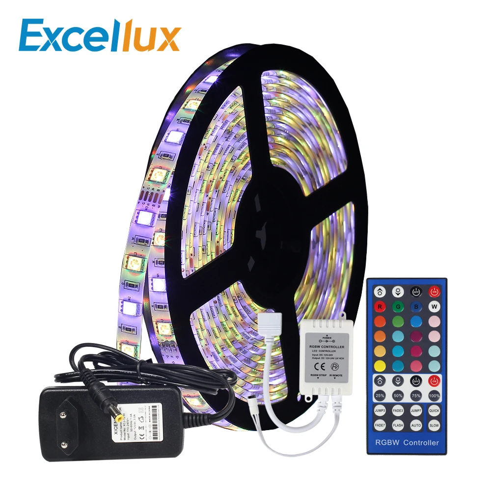 #Best 1set 5M Led Strip 5050 IP20 IP65 Waterproof RGBW RGBWWLED Light Strip+IR 40KEY RGB LED controller+DC12V EU US Plug 3A Adapter
