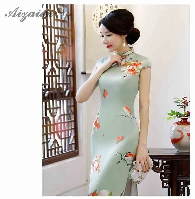 2019 Новый печати Cheongsam подобные шелковые длинные платья Oriental стиль Qipao для женщин китайское традиционное платье винтажное платье Qi Pao