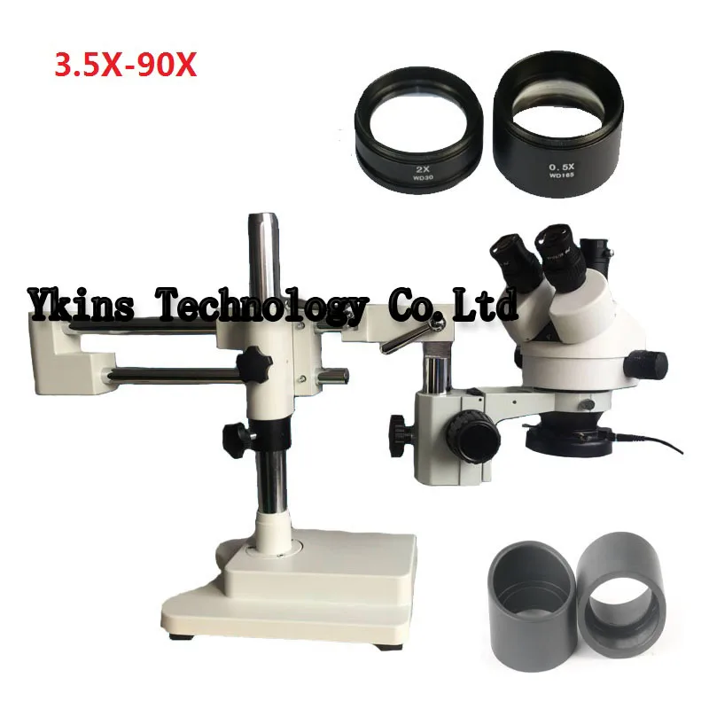 

3.5X-90X Zoom Stereo 144 LED Ring Light Simul- Focal Trinocular Microscope Dual-Boom Stand table
