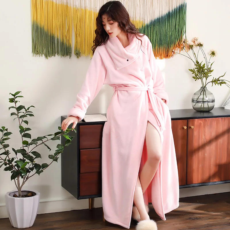 Kaufen Neue Flanell Frauen Winter Bademantel Hohe Qualität Lange Verdicken Warme Weibliche Bad Roben Hohe Kragen Strickjacke Startseite Dressing Kleid