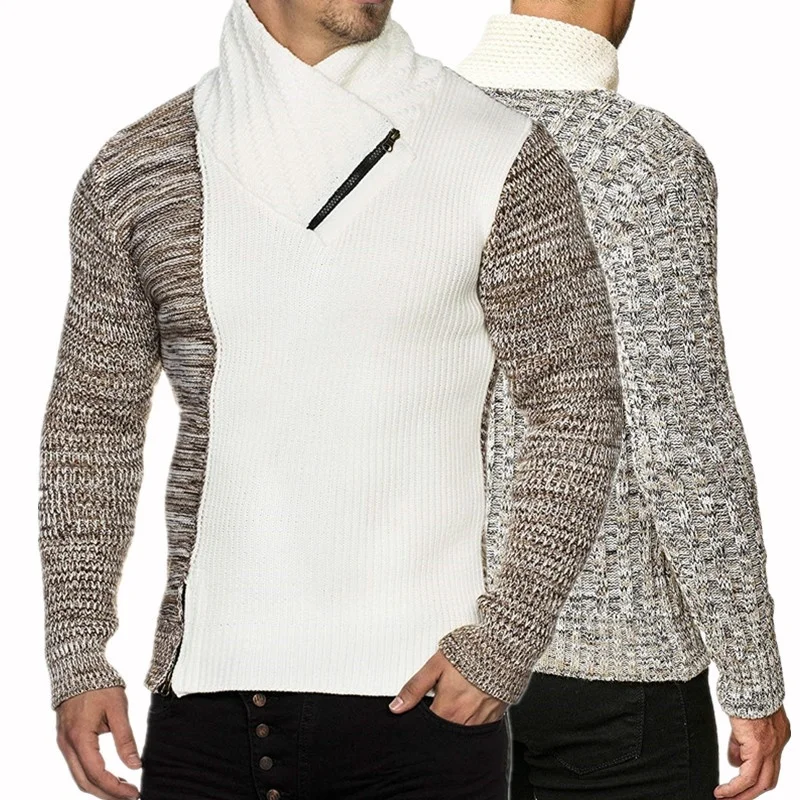 

Men's Knit Sweater with Scarf Collar Slim Zip Hoodie Sweater Hip Hop Streetwear High Quality Long Sleeve Casual Man's Sweaters