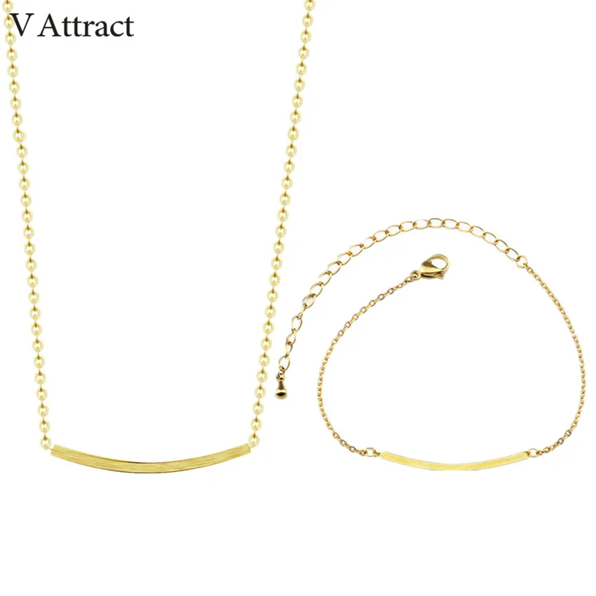 

V Attract Geometric Bend Long Bar Pendants Necklaces And Bracelet Jewelry Sets Stainless Steel Parure Bijoux Femme 2018
