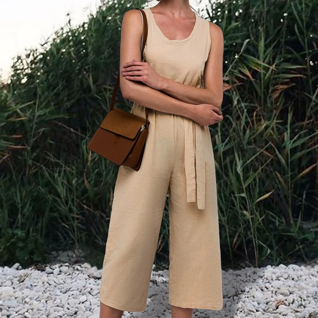 2019 Summer Women Sleeveless Wide Leg Jumpsuits Sashes Fashion Cotton Linen Belt Casual Solid Jumpsuit Loose Long Rompers 2019 Summer Women Sleeveless Wide Leg Jumpsuits Sashes Fashion Cotton Linen Belt Casual Solid Jumpsuit Loose Long Rompers