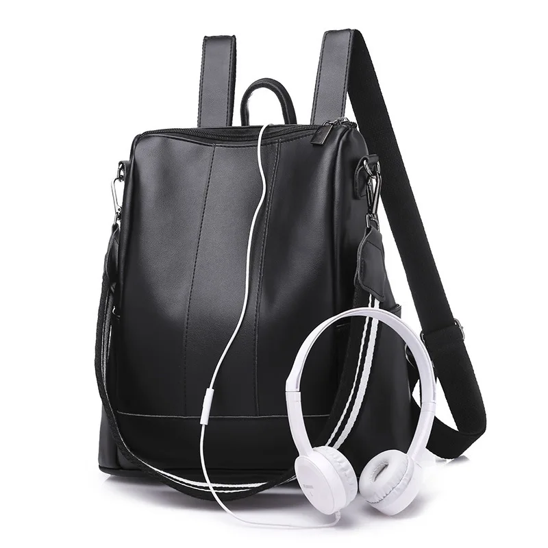 LOTEC Women Fashion PU Leather Backpack Black Simple Style Shoulder Bag Female Large Capacity ...
