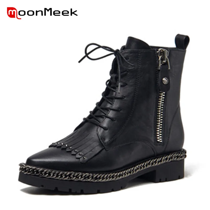 

MoonMeek new arrive 2020 funk women pointed toe WOMEN boot popular genuine leather boots hot sale med heels ladies ankle boots