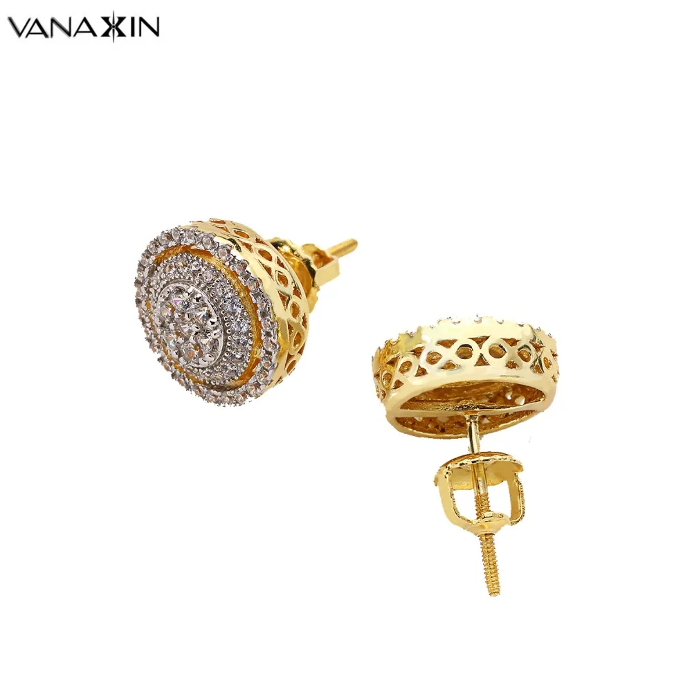 

VANAXIN 925 Sterling Silver Stud Earrings Women Gold/Silver Color Round Paved Cubic Zircon Bling Bling Earring Girl High Quality