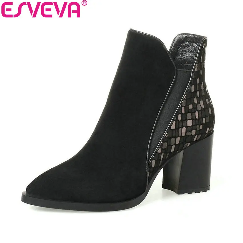 

ESVEVA 2018 Women Boots Square High Heels Ankle Boots PU+Kid Suede High Heels Synthetic/PU All Match Ladies Boots Size 34-42