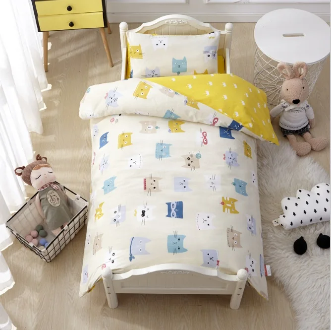 3Pcs Cotton Crib Bed Linen Kit Cartoon Baby Bedding Set Includes Pillowcase Bed Sheet Duvet Cover Without Filler