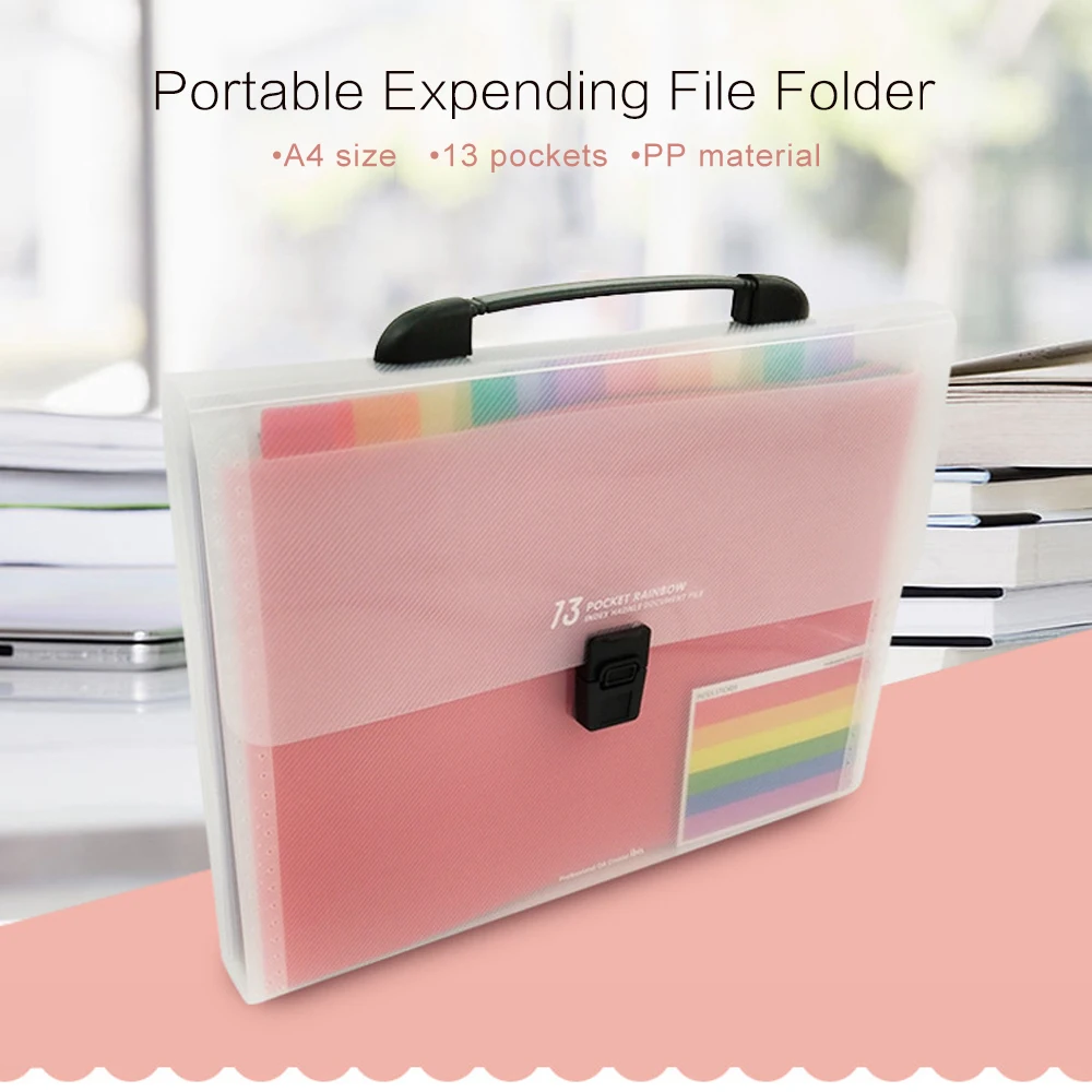 

A4 & 13 Pockets Handheld Rainbow Color Accordion Expending File Folder Document Organizer Bag for Office Supplies Paper Storage