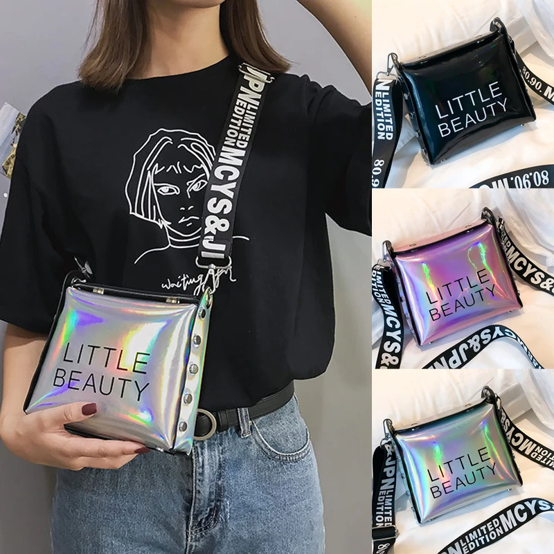 Moda mujer cool street estilo letras correas láser 3 colores Jelly mensajero bolsa holográfica hombro Crossbody bolsas para wom
