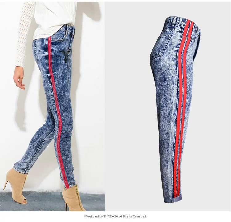 Красная полоса Mom Jeans высокой талией свободные Прямые джинсы снежинка Цвет деним панелями сплайсированные уличные женские брюки загрузки