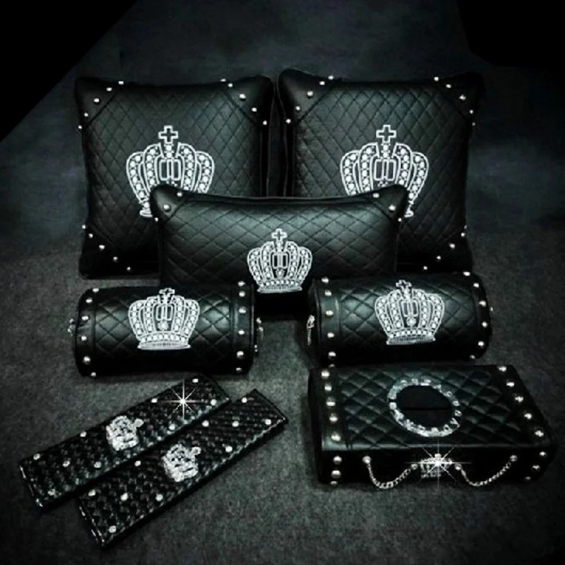 Crown Series Inerior Accessories for Girls Leather Car Steering Wheel Covers Sun Visor Tiessue Box Pillows Seatbelt Shifter Sets Crown Series Inerior Accessories for Girls Leather Car Steering Wheel Covers Sun Visor Tiessue Box Pillows Seatbelt Shifter Sets