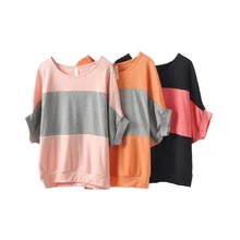 Cotton Contrast Color Striped T-shirt Women O Neck Patchwork Batwing Sleeve Short Sleeve Loose Casual Wild Tee Female T Shirts crew neck contrast striped tee