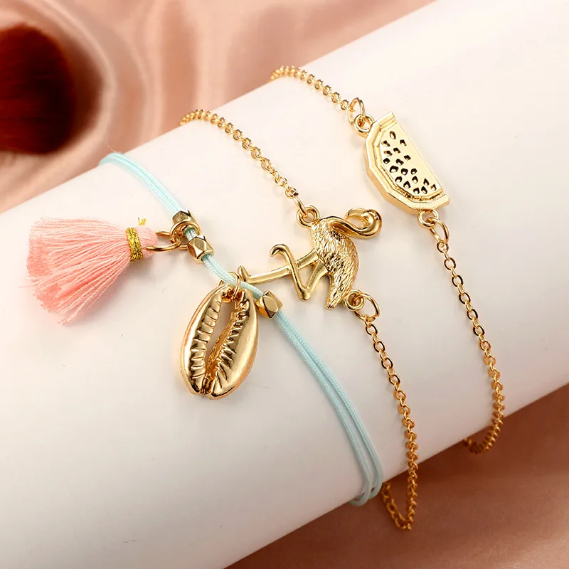 

3 PCS/Set Vintage Flamingo Watermelon Shell Charm Bracelets Set For Women Multilayer Leather Bracelets New Fashion Boho Jewelry
