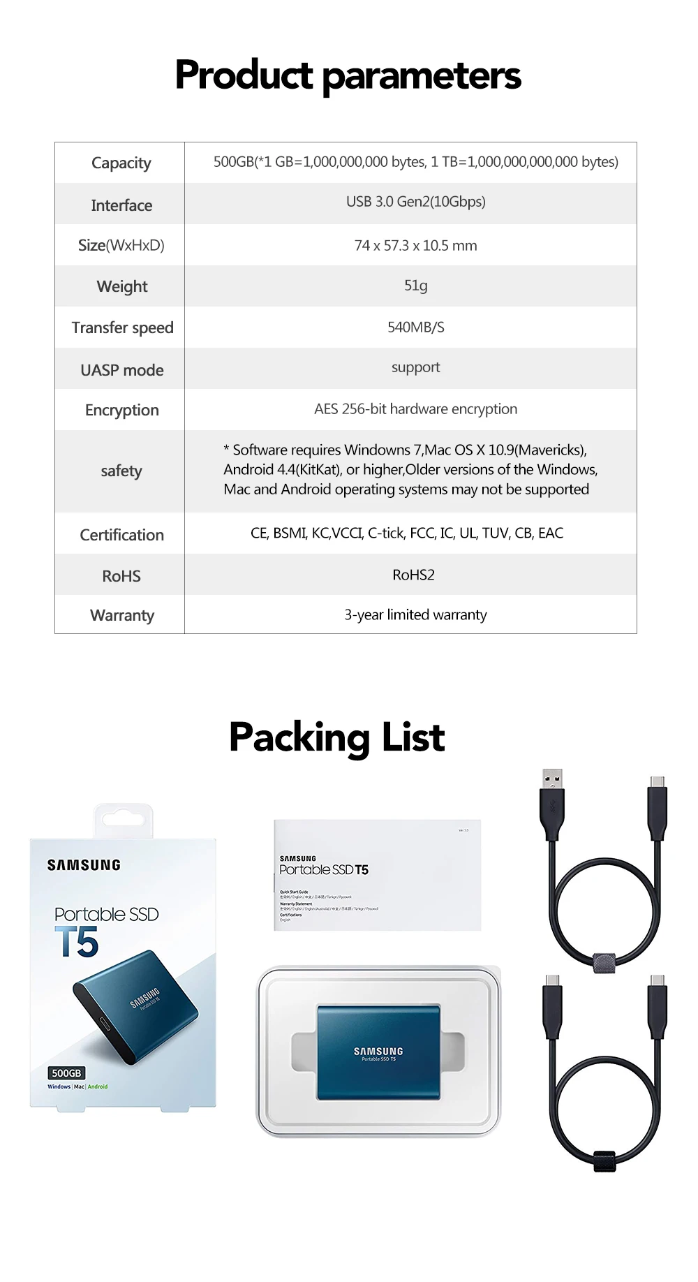 Samsung T5 портативный SSD 250 ГБ 500 1 ТБ 2 ТБ USB3.1 Внешние накопители USB 3,1 Gen2 и обратная совместимость с USB для ПК