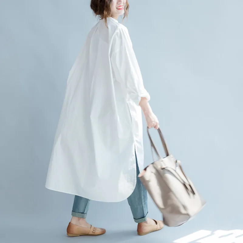 

Women Dress White Cotton Shirt Dress Loose Plus Size Long Women Dresses Vintage Spring Summer Casual Wear Free Size New AS079