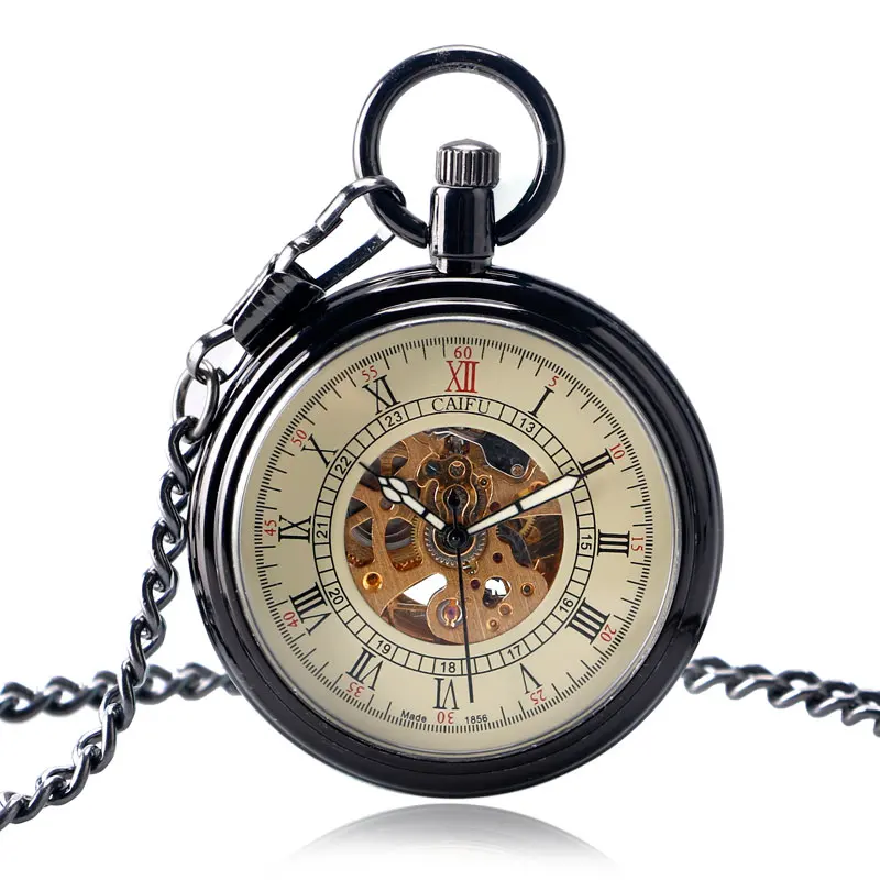 

CAIFU Vintage Simple Open Face Pocket Watch Mechanical Self-winding Smooth Stylish Clock Chain Women Men Watches Gift P2043C