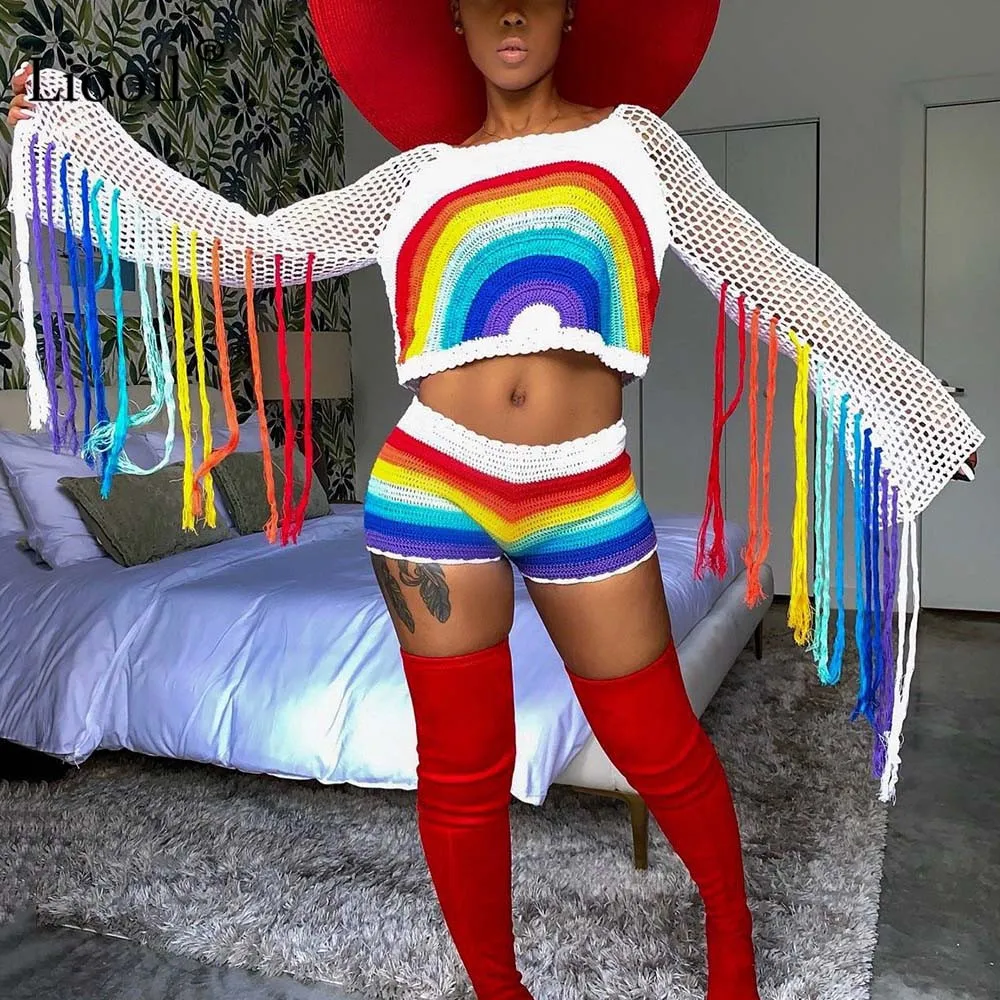 

Liooil Full Mesh Rainbow 2 Piece Set 2019 Women Party Knitted Fishnet Tassel Two Piece Set Top And Shorts Sexy Club Print Outfit