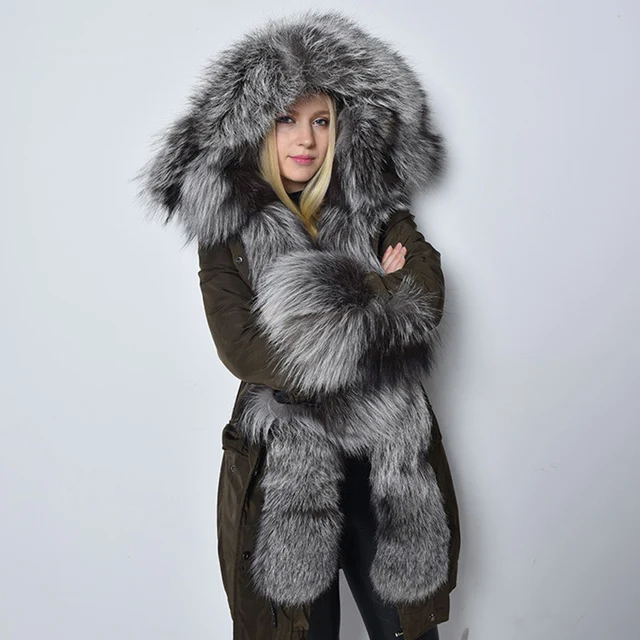 Luxury Fox Real Fur 2017 Ladies Long Green Winter Coat Brands Women