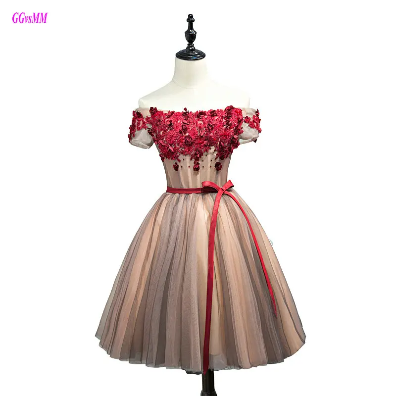 

Brilliant Multi-Colored Prom Dresses 2019 Fast Shipping Boat-Neck Tulle Appliques Prom Party Dress Short Sexy Cocktail Dresses