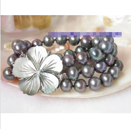 

Free shipping >>>>>>n1021 beautiful 3strands 11mm black round pearl bracelet bangle