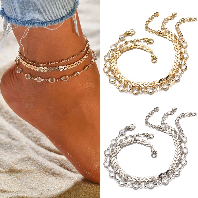 

3PC/Set Hot Sale Allergy Crystal Sequins Anklet Set Wedding Summer Silvery Jewelry Adjustabletobilleras pulsera para tob