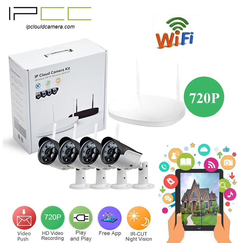 IPCC 4-Channel 720p video Security System wifi NVR kit IP Cameras with IP66 protection Weatherproof Housing and outdoor vision