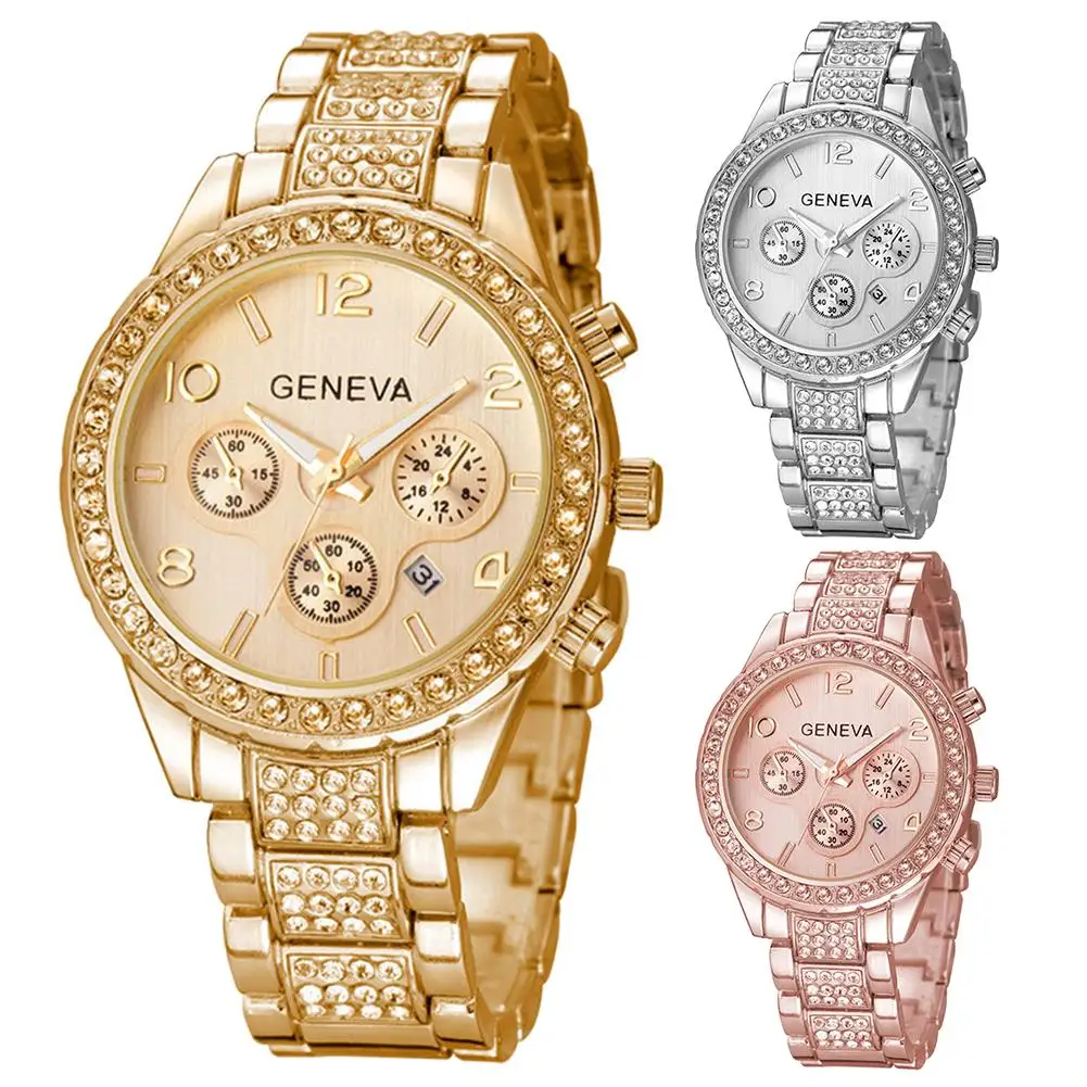 

New Women Sub-dials Decor Rhinestone Calendar Round Dial Analog Quartz Wrist Watch