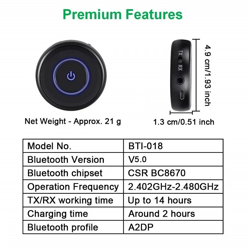 Комплект громкой связи Bluetooth V5.0 аудио передатчик приемник 2-в-1 с APTX с низкой задержкой, Беспроводной Aux адаптер для домашней стереосистеме ТВ наушников