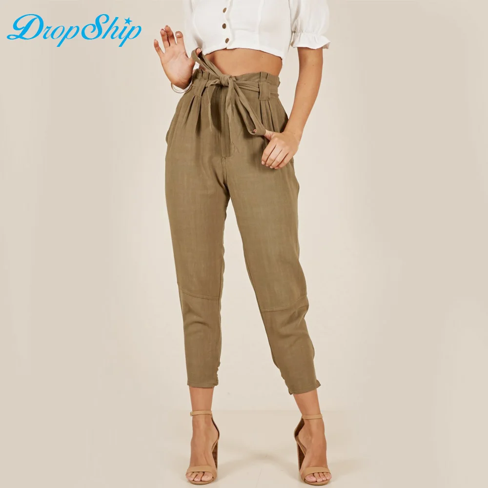 Women OL Cotton High Waist Harem Pants Bow Tie Drawstring Sweet Elastic