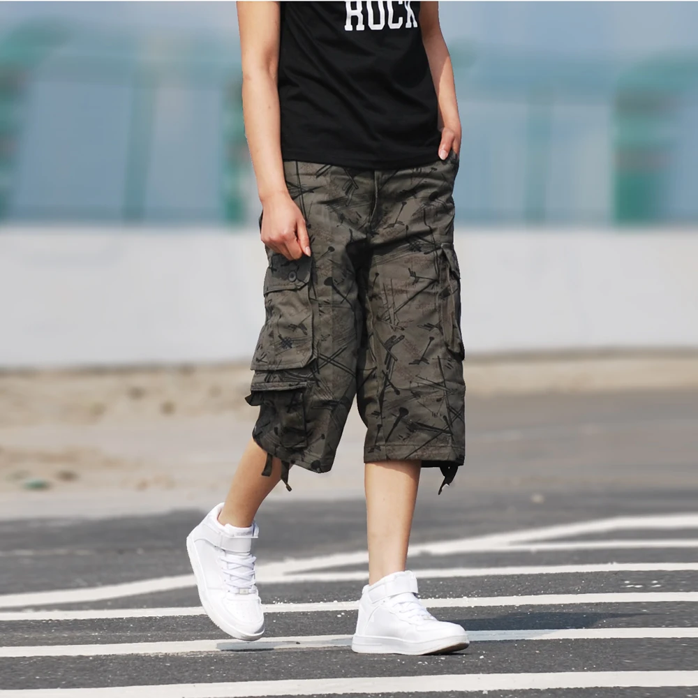 BaronHong Mens Casual Fashion Cargo Denim Long Shorts Camouflage Cropped Pants 