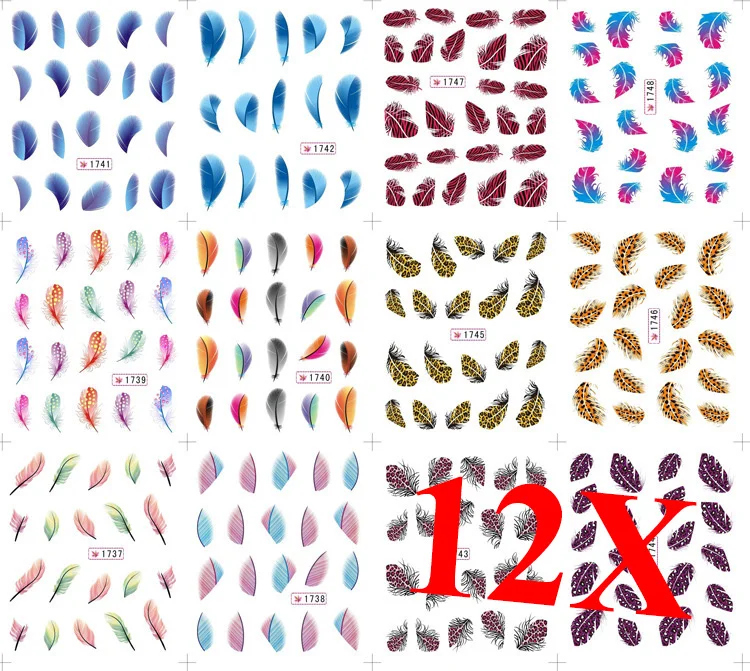 

Mixed 12pcs Colorful Water Transfer Nail Stickers Beauty Leopard Feather Nail Art Tips Decals