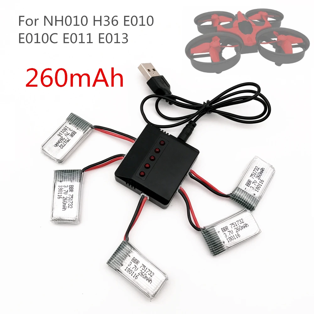 

5Pcs 3.7V 260mAh 2.0 Connect Lipo Battery and Charger X5 For Eachine E010 E011 E012 E013 Furibee F36 H36 Quadcopter Mini