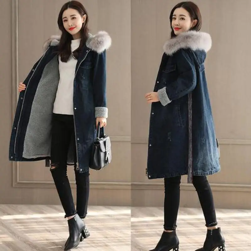 Harajuku Women Denim Parka Feminino 2018 New Winter Warm Wool Liner Winter Jacket Ladies Meidum Long Hooded Faux Fur Collar Coat