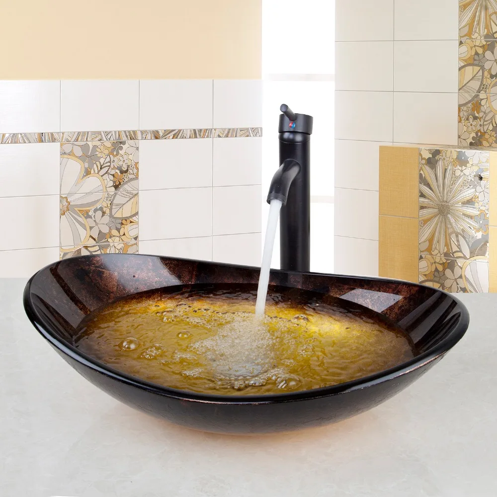 Billige KEMAIDI UNS Wasserfall Auslauf Becken Schwarzen Hahn + Waschbecken Waschbecken Gehärtetem Glas Hand Bemalt Bad Messing Set Wasserhahn mischbatterien