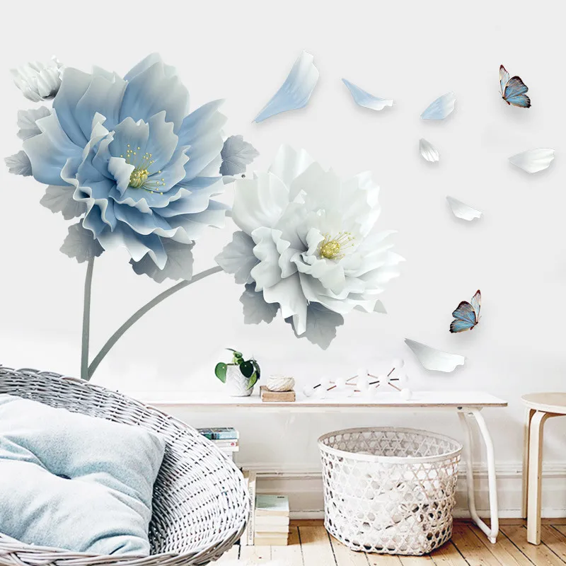 3D Large White Blue Lotus Flower Butterfly Removable Wall Stickers, Wall Art Decals for Living Room and Bedroom Decoration image 5