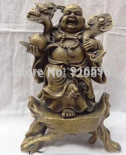 

12" China Bronze RuYi Happy Laughing Maitreya Buddha Joss Chinese Peach Statue