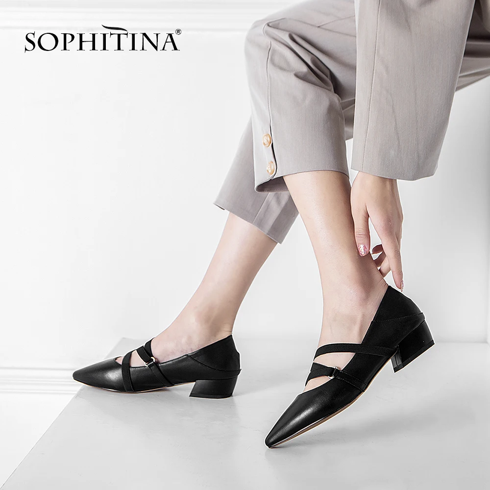 SOPHITINA/туфли-лодочки с острым носком; Простые однотонные туфли высокого качества из коровьей кожи с ремешком и пряжкой; модные женские туфли-лодочки на квадратном каблуке; MO122