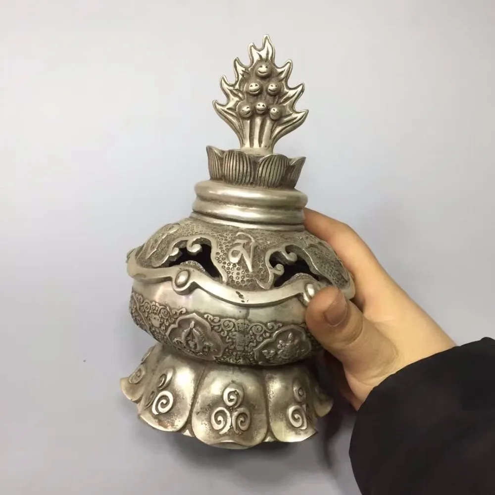 

Home decoration Living room Metal censer ,Tibet Silver old handmade Six-word mantra incense burner